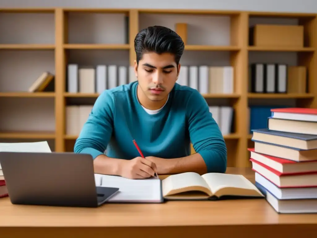 Estudiante uruguayo reflexivo en su escritorio, rodeado de libros y una laptop, con determinación