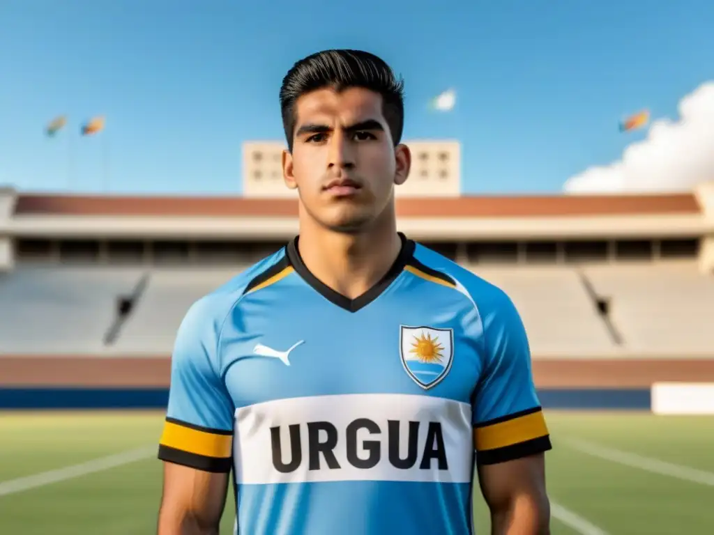 Un estudiante-atleta en la cancha, con la camiseta de Uruguay y el campus de la universidad al fondo