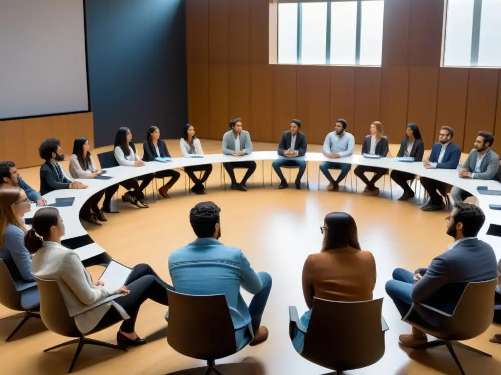 Estudiantes de Uruguay en discusión con académicos internacionales en un aula moderna