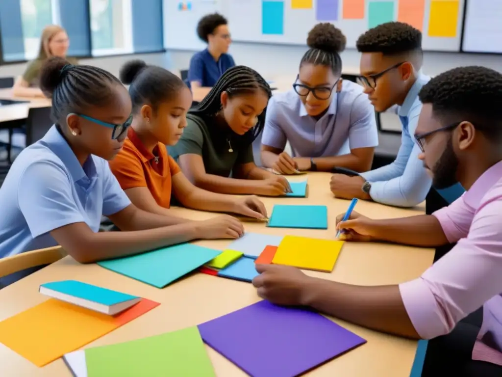 Estudiantes diversos colaboran en actividad de Aprendizaje Basado en Proyectos en aula moderna