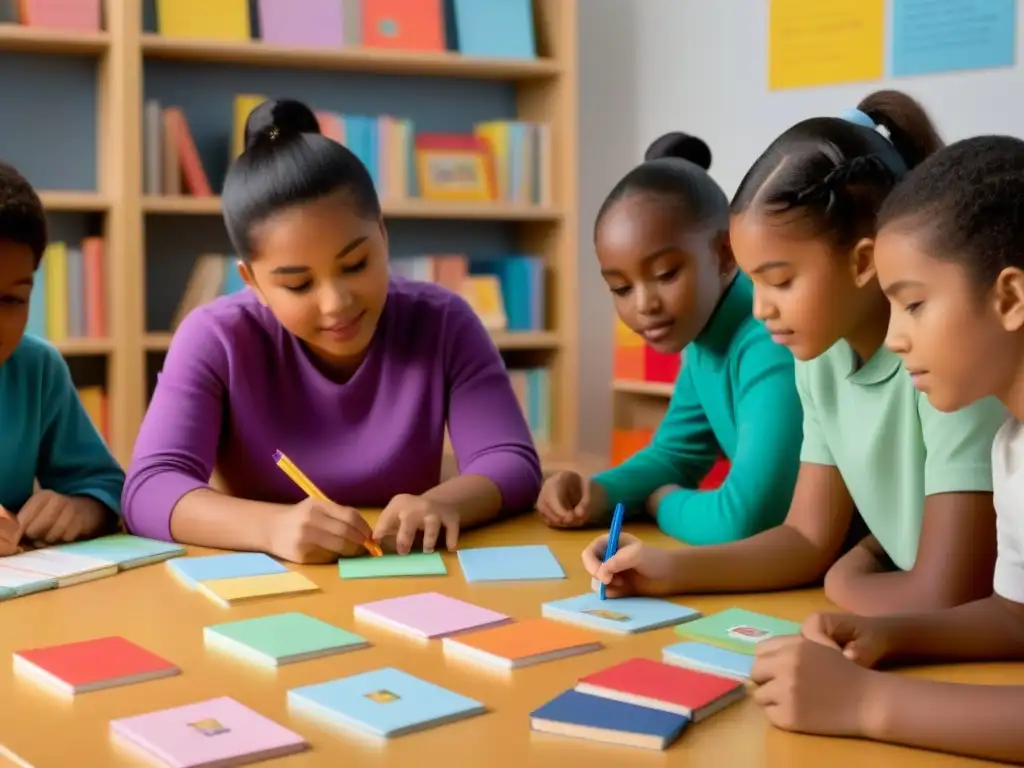 Estudiantes diversos interactúan positivamente en actividad de aprendizaje de idiomas rodeados de flashcards y libros coloridos