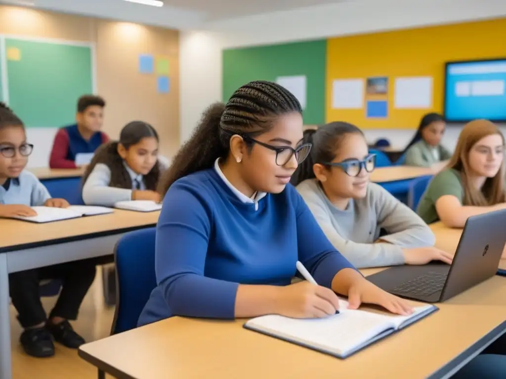 Estudio inclusivo: diversidad y tecnología en aulas uruguayas Estudiantes diversos participan en actividad colaborativa en aulas inclusivas en Uruguay