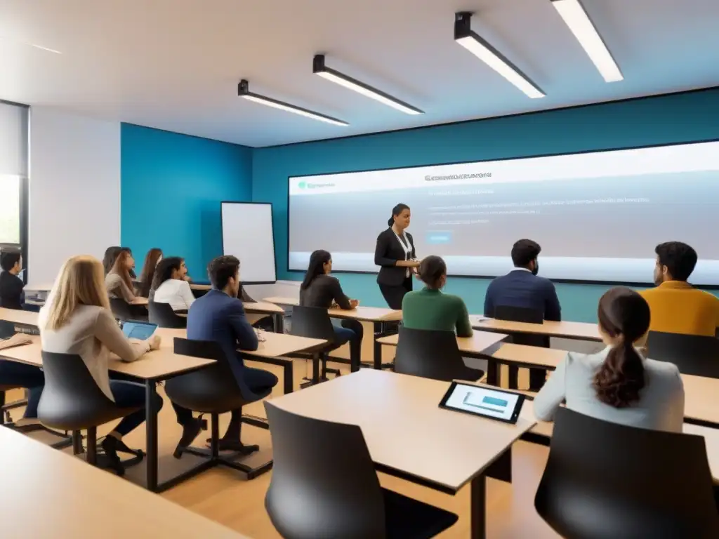 Estudiantes diversos participan en actividad colaborativa con tecnología de vanguardia en una startup educativa en Uruguay