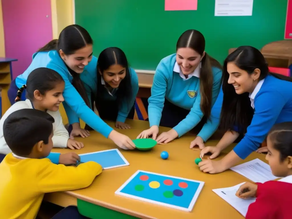 Colaboración educativa en Uruguay: diversidad, entusiasmo y aprendizaje Estudiantes de Uruguay participan en actividad educativa junto a voluntarios de ONG internacionales en aula colorida
