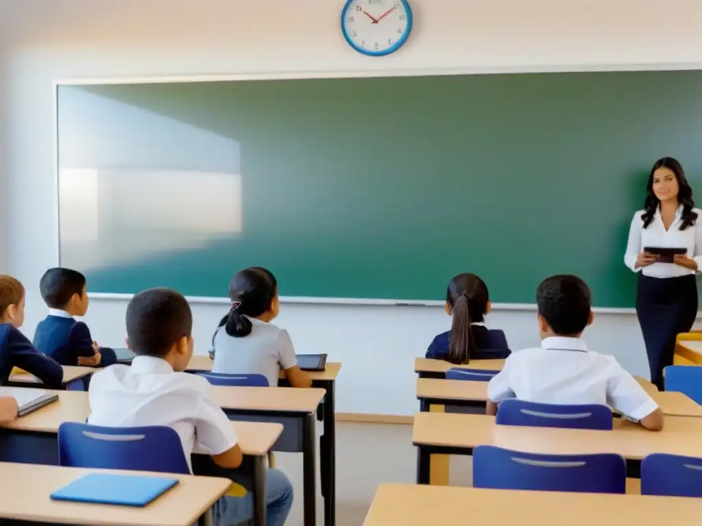 Estudiantes diversos participan en actividad gamificada con tecnología moderna en aula de Uruguay