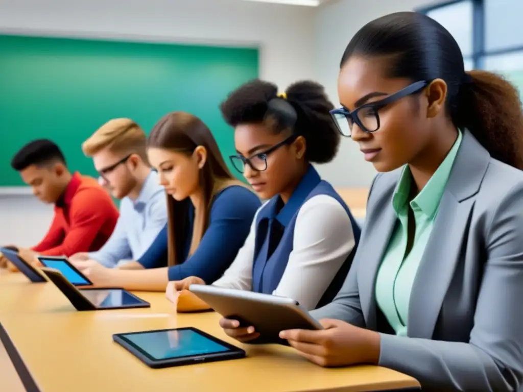 Estudiantes diversos colaborando en actividad gamificada con tablets