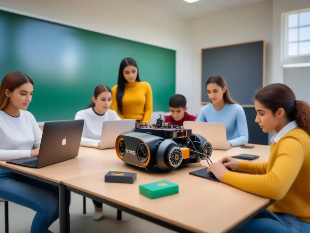 Estudiantes colaborando en actividad de robótica educativa en Uruguay