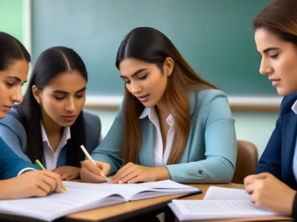 Estudiantes de Uruguay participando en actividades bilingües, inmersos en un aula minimalista con materiales educativos