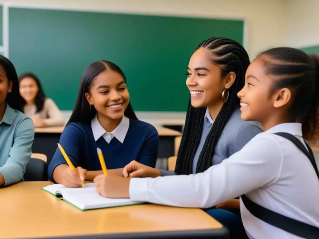 Estudiantes diversos participan en actividades colaborativas en aula moderna, reflejando métodos evaluación inclusiva aprendizaje Uruguay