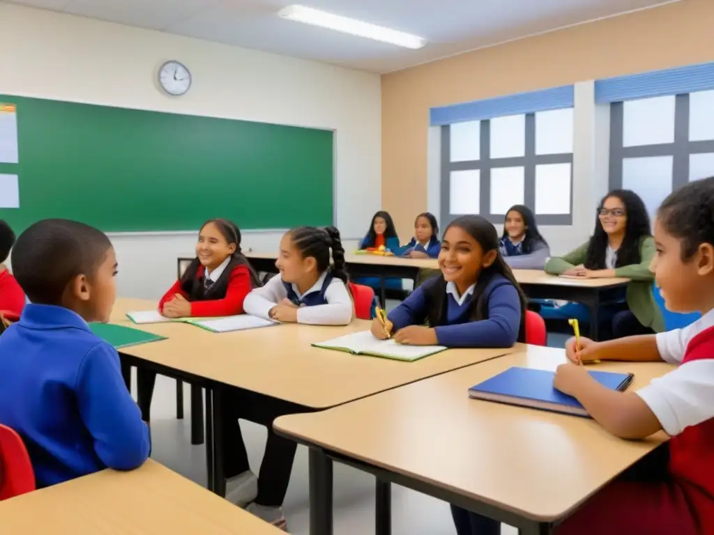 Estudiantes diversos participan en actividades educativas inclusivas en un aula luminosa en Uruguay