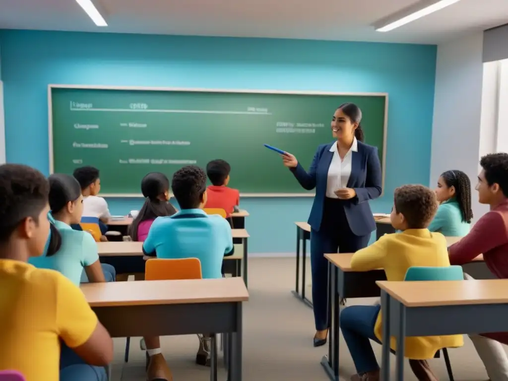 Estudiantes diversos participan en actividades educativas interactivas en un aula moderna, rodeados de herramientas coloridas, representando metodologías de enseñanza innovadoras en Uruguay