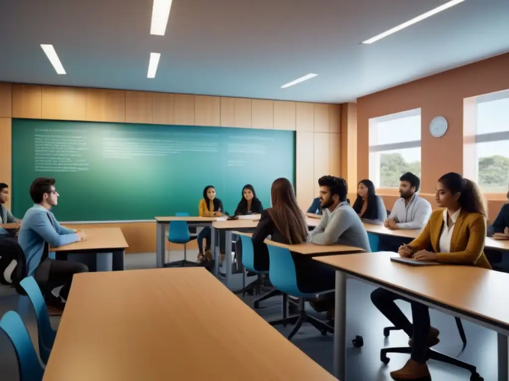 Estudiantes diversos participan en actividades innovadoras en un aula moderna, simbolizando las políticas educativas innovadoras en Uruguay