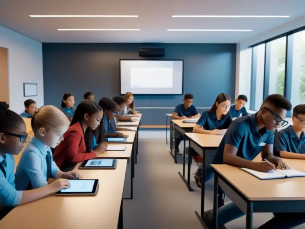 Estudiantes unidos en actividades innovadoras en un aula moderna, reflejando métodos de enseñanza innovadores para el cambio social en Uruguay