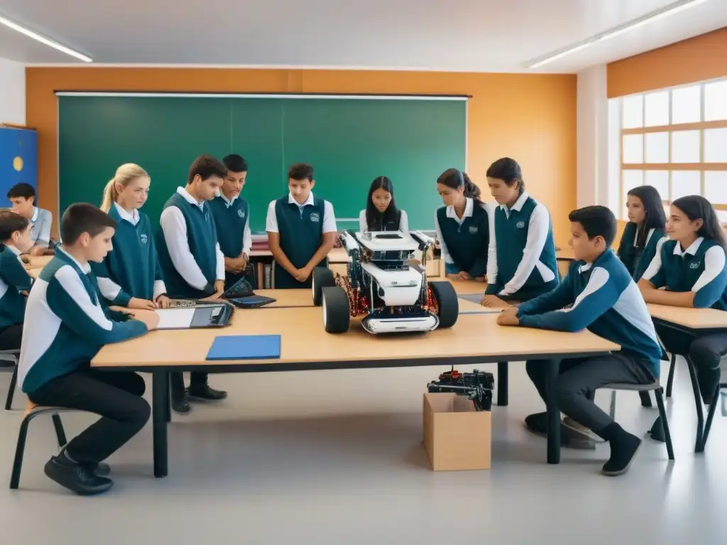 Estudiantes de Uruguay colaborando en actividades de robótica educativa, rodeados de tecnología futurista y herramientas educativas innovadoras