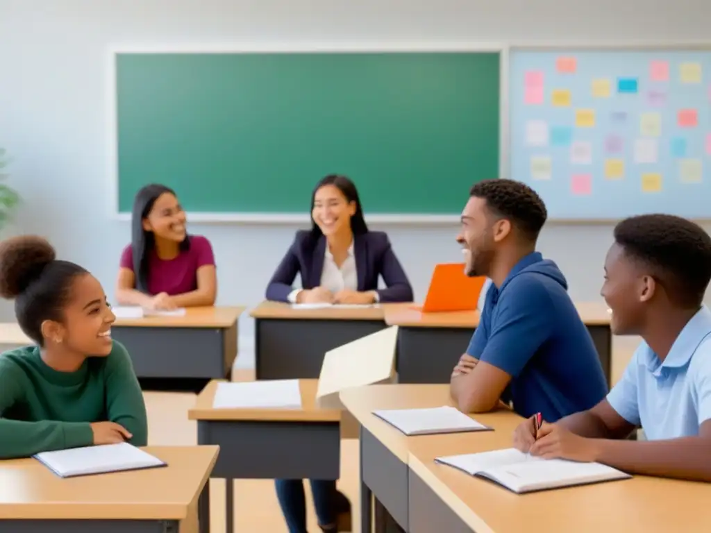 Conversación animada: estudiantes diversidad en clase de francés Estudiantes animados practicando francés en aula moderna, reflejando el Método Comunicativo enseñanza francés Uruguay