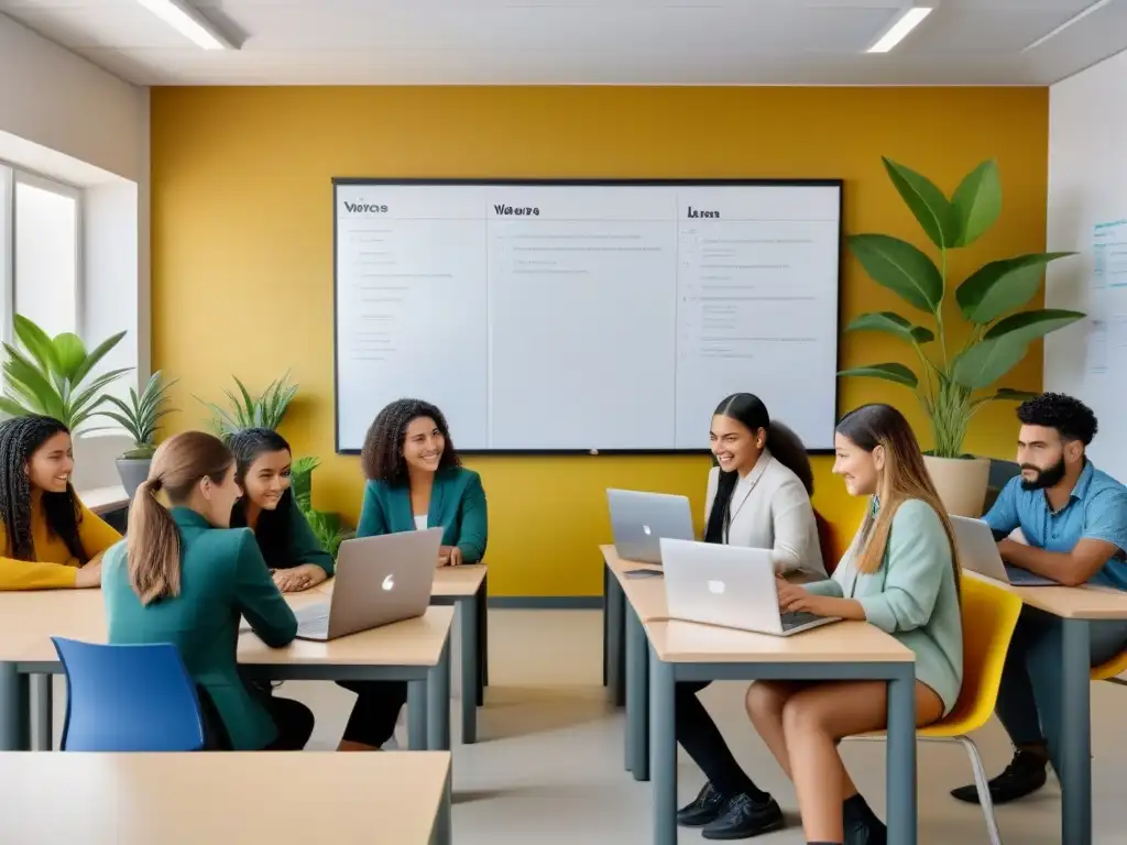 Estudiantes diversos colaboran en aprendizaje en aula moderna en Uruguay con publicidad educativa