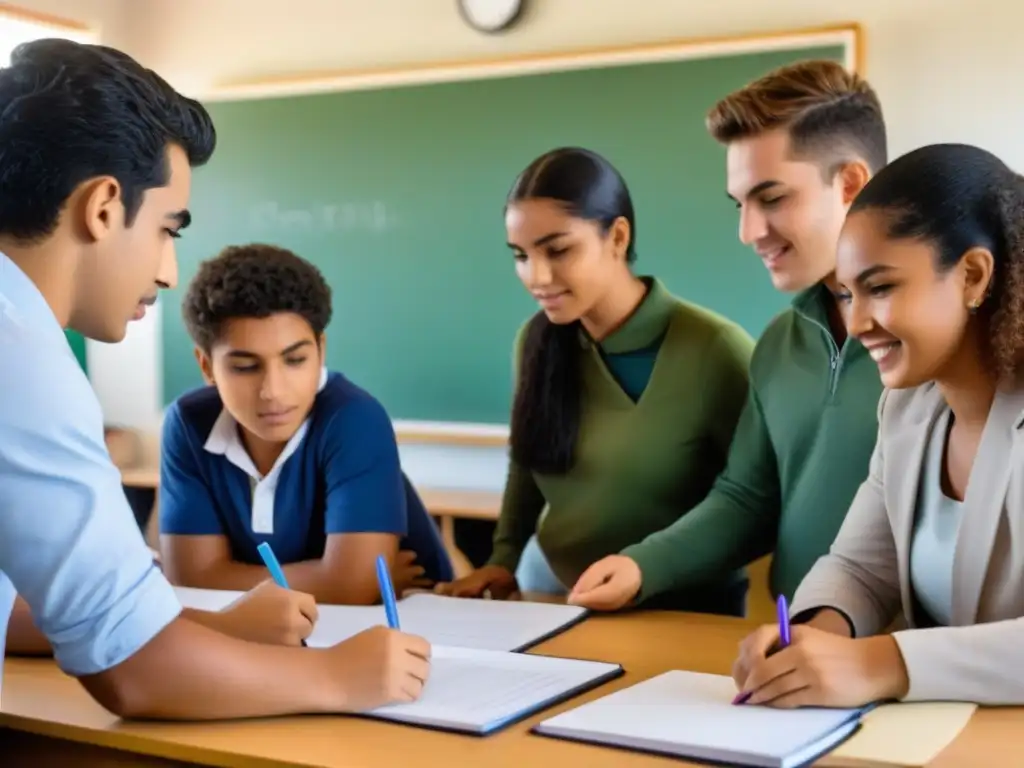 Estudiantes en Uruguay practicando Aprendizaje basado en problemas en aula moderna, combinando herramientas tradicionales y digitales