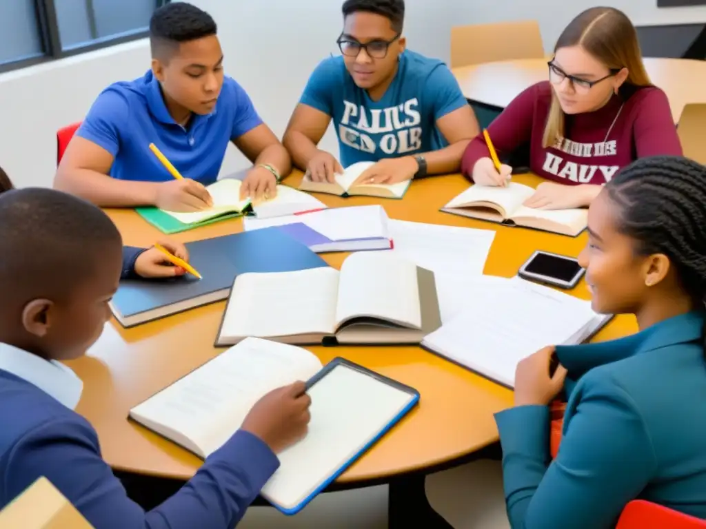 Estudiantes diversos colaboran en el Aprendizaje Basado en Proyectos Uruguay, inmersos en su tarea educativa en un aula moderna