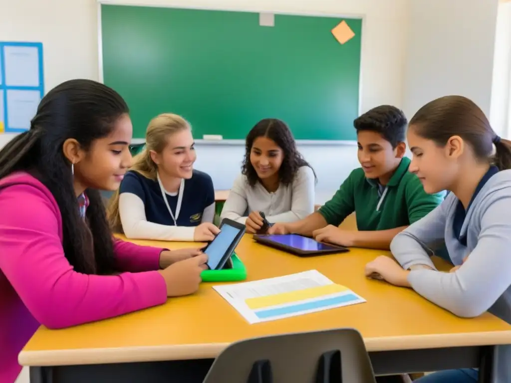 Estudiantes en Uruguay colaborando en Aprendizaje Basado en Proyectos, mostrando curiosidad e innovación en aula moderna