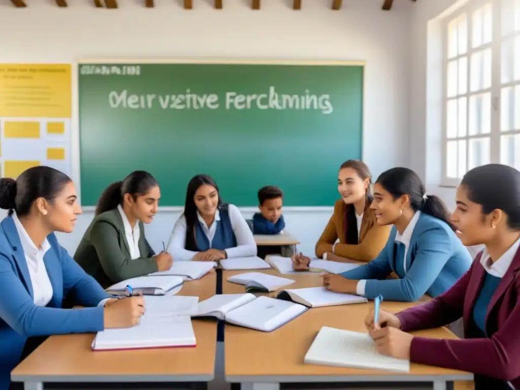 Estudiantes en Uruguay participando en aprendizaje colaborativo en aula luminosa con pizarrón y carteles educativos