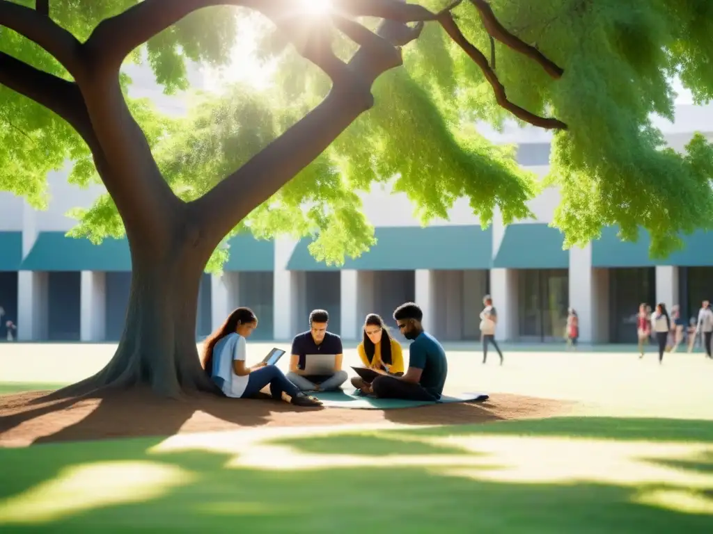 Estudiantes diversos disfrutan del aprendizaje móvil en Uruguay bajo un árbol en el campus universitario, rodeados de naturaleza serena y luz filtrada