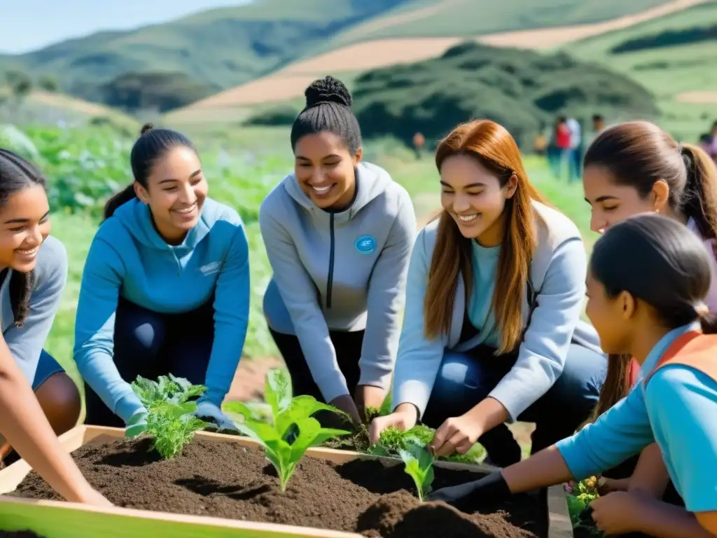 Estudiantes en Uruguay realizando Aprendizaje Servicio en un jardín comunitario, plantando árboles y flores con alegría