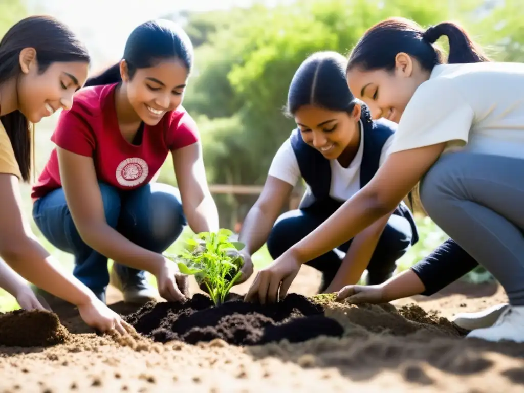 Estudiantes de Uruguay practicando Aprendizaje Servicio en un jardín, unidos y colaborando bajo el sol
