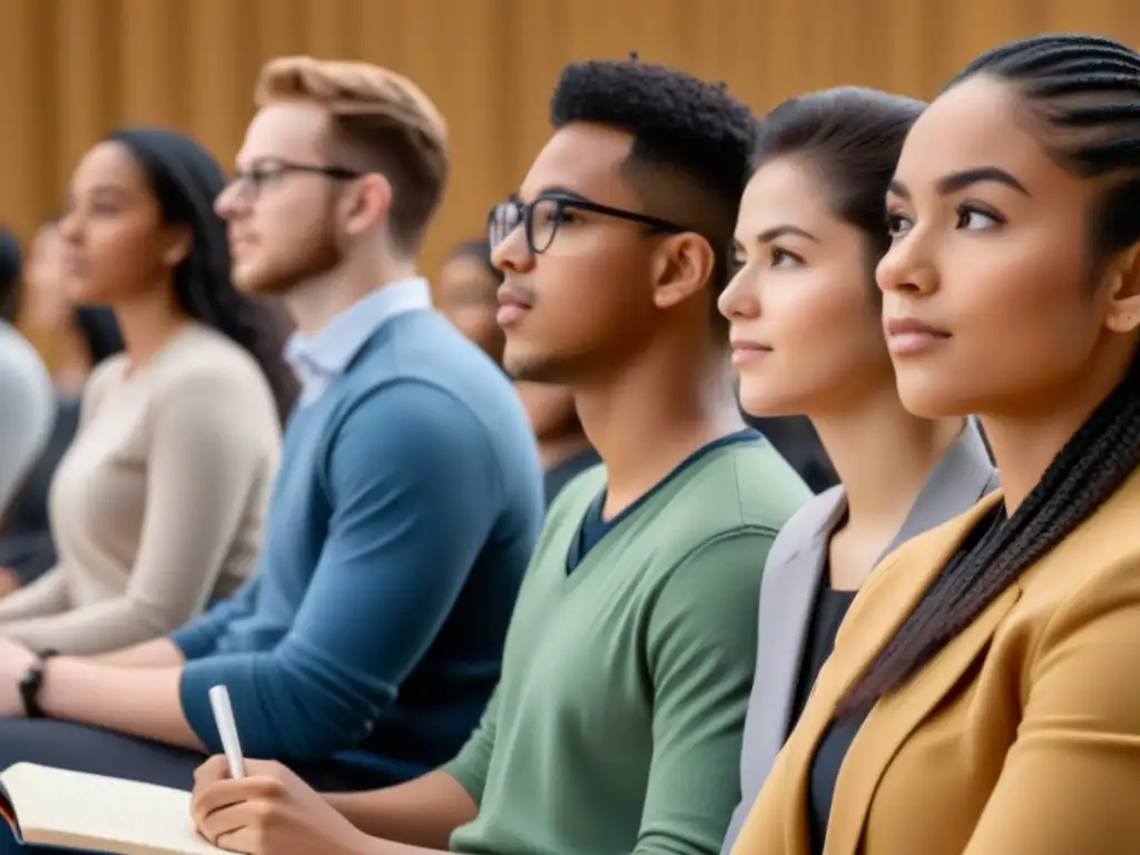 Estudiantes universitarios diversos y comprometidos en aula moderna Estudiantes diversos toman apuntes en aula moderna y luminosa, fomentando inclusión en la educación superior