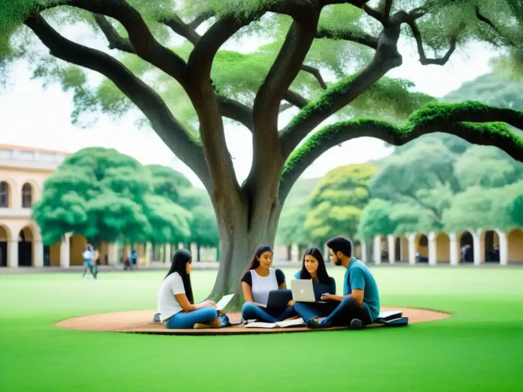 Estudiantes colaborando bajo un árbol en la universidad en Uruguay, simbolizando los beneficios de intercambios estudiantiles