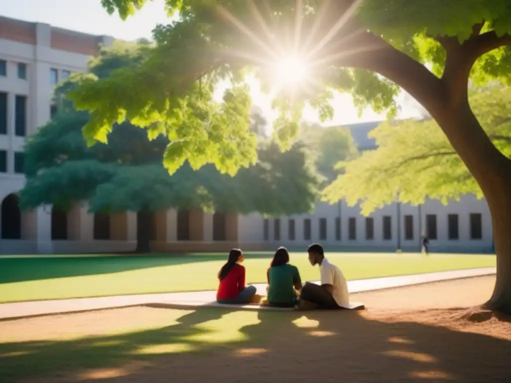 Estudiantes diversos colaboran bajo un árbol en el campus universitario, creando un ambiente de aprendizaje inclusivo y sereno