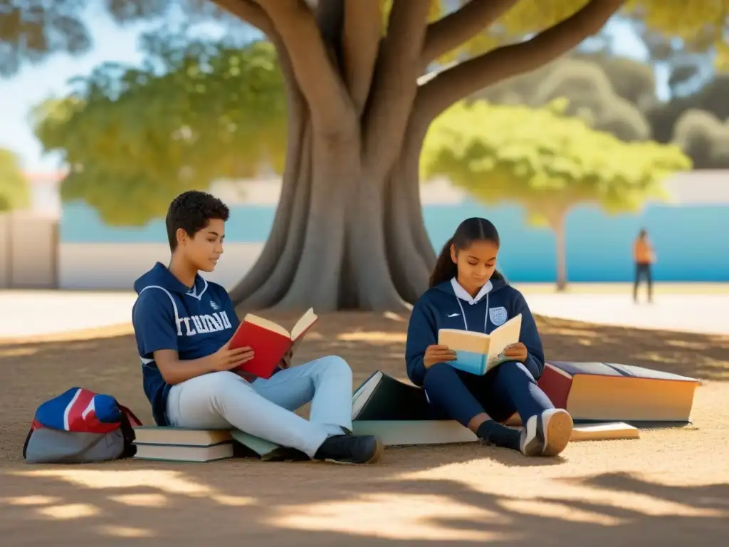 Dos estudiantes diversos leen bajo un árbol en un colegio con la bandera de Uruguay de fondo, promoviendo la educación bilingüe en Uruguay