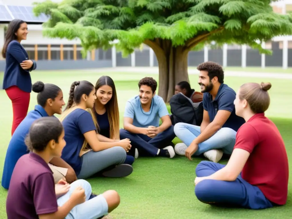 Estudiantes de Uruguay debaten bajo un árbol en un entorno escolar sostenible, reflejando estrategias globales educación Uruguay