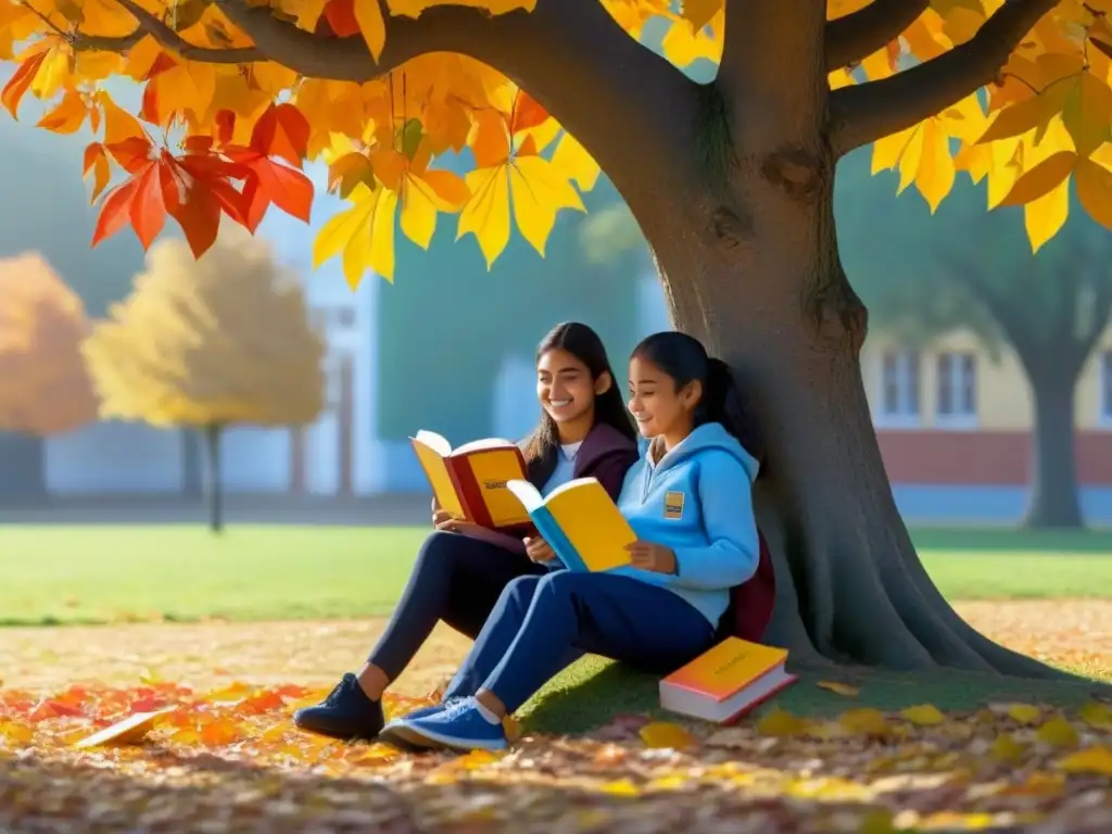 Dos estudiantes bajo un árbol en otoño con libros en español e inglés, bandera de Uruguay, beneficios educación bilingüe Uruguay