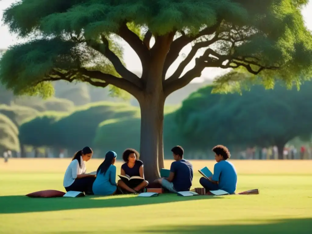 Estudiantes diversos estudian bajo un árbol, simbolizando resistencia ante la privatización educativa global en Uruguay