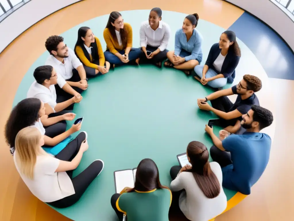 Estudiantes diversos dialogan en armonía en aula moderna