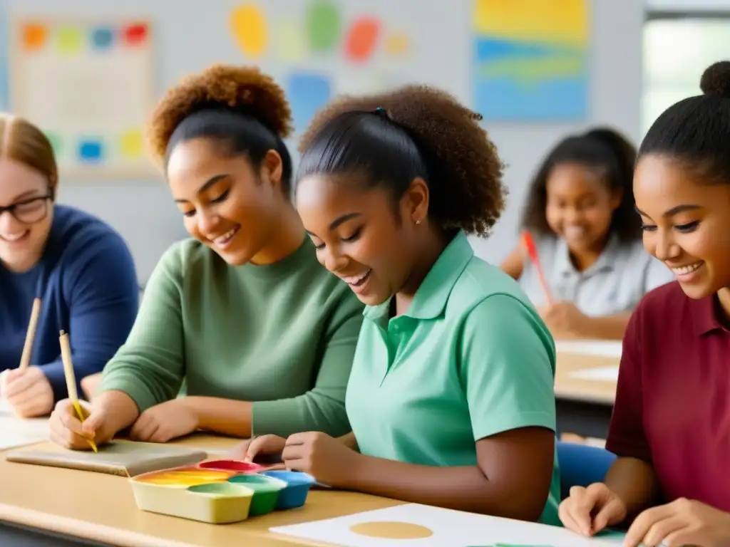 Estudiantes diversos crean arte con emoción y concentración, resaltando los beneficios del arte en educación