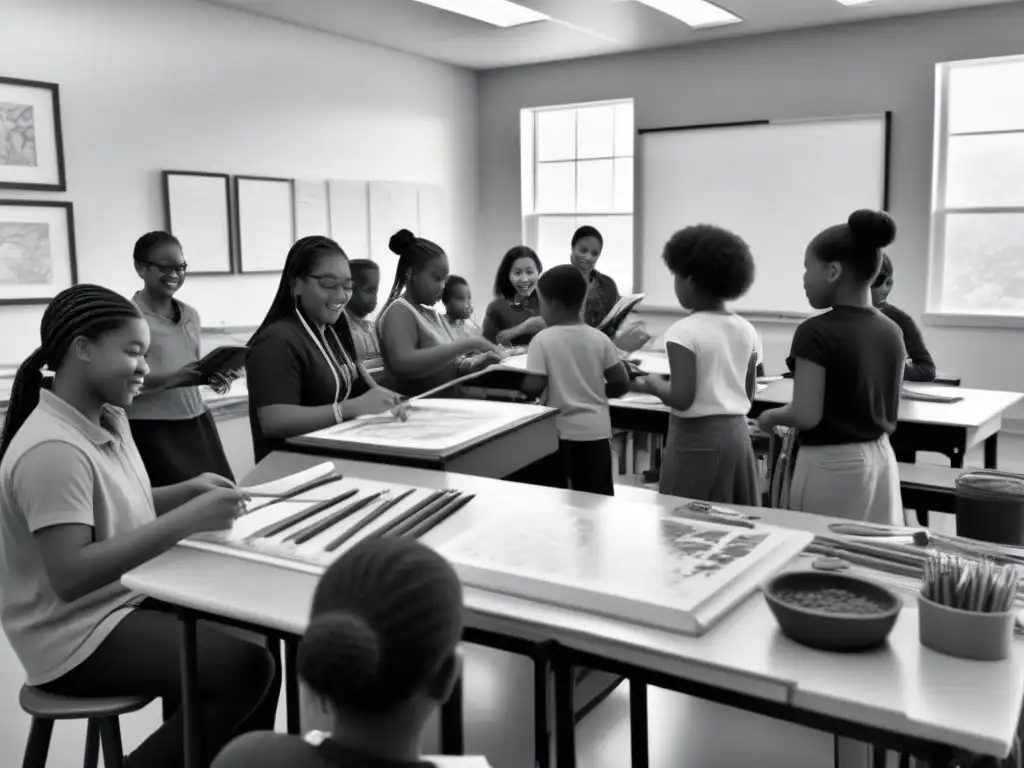 Estudiantes crean arte juntos, reflejando la diversidad cultural y el impacto positivo de la educación artística en el desarrollo cultural