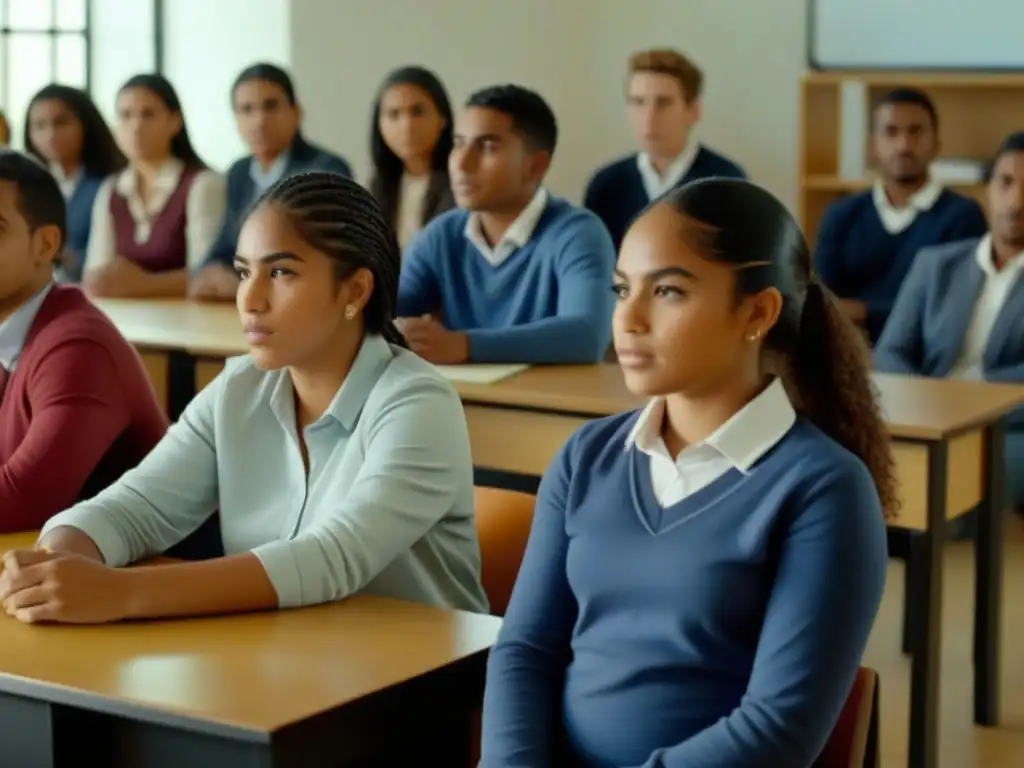 Estudiantes diversos atentos en aula en Uruguay, reflejando compromiso educativo