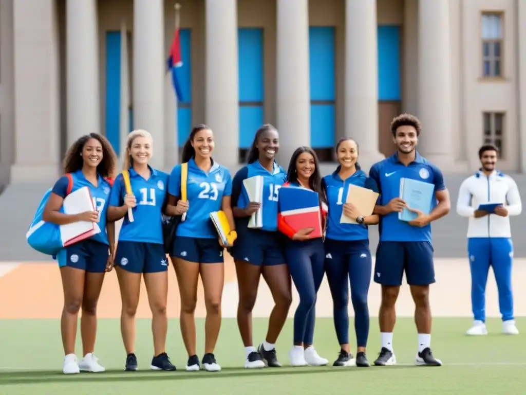 Estudiantes atletas sonrientes con libros y equipo deportivo frente a universidad moderna, ondea la bandera de Uruguay