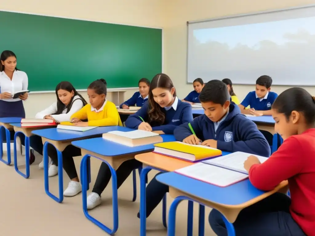 Estudiantes colaborando en aula bilingüe en Uruguay, resaltando el impacto de políticas educativas de educación bilingüe