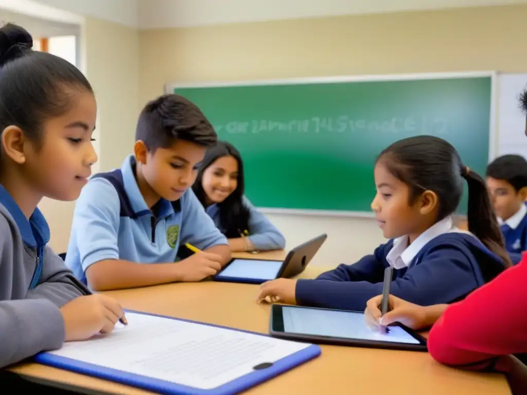 Estudiantes colaborando en aula bilingüe con tecnología moderna en Uruguay