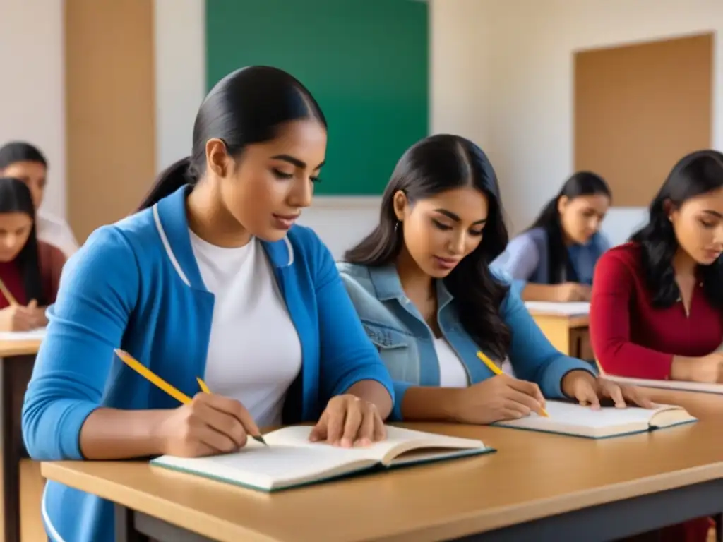 Estudiantes diversos colaboran en un aula bilingüe en Uruguay, reflejando inclusión y trabajo en equipo