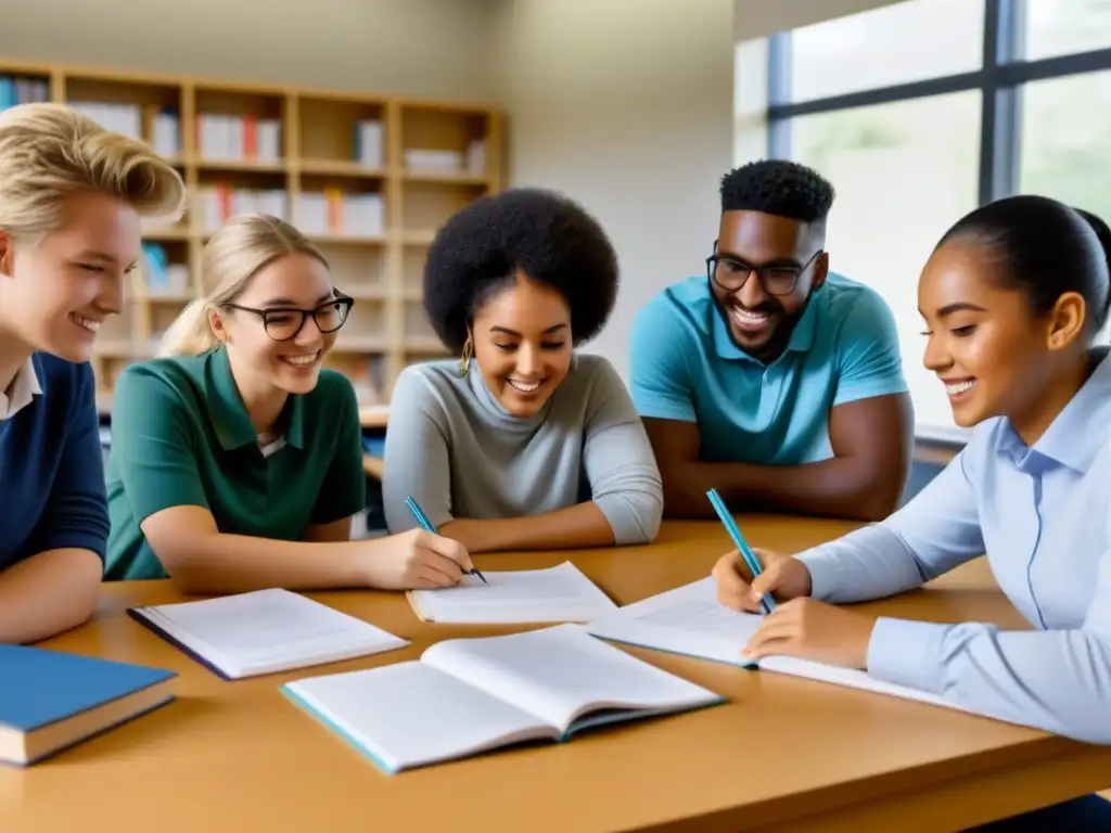 Estudiantes colaborando en aula, proyectando entusiasmo y aprendizaje activo