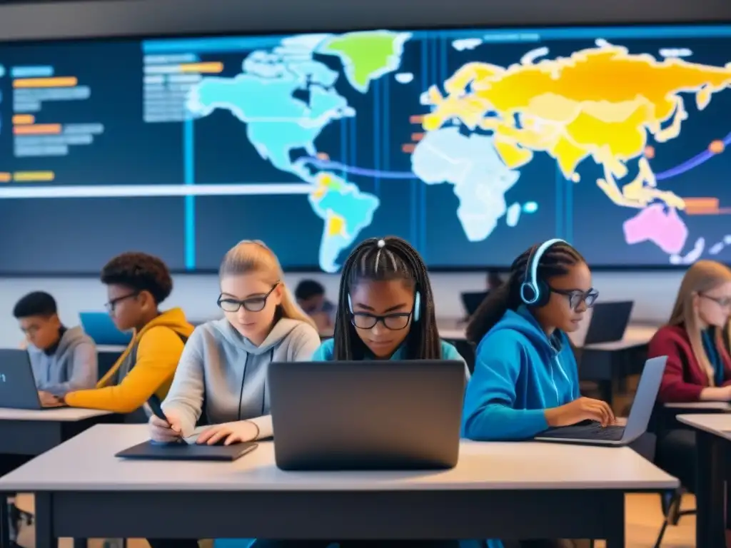 Estudiantes diversos codificando en aula futurista con mapa mundial digital