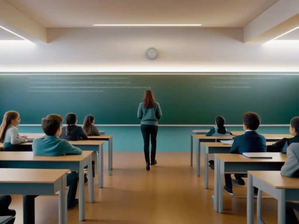 Estudiantes en un aula futurista de Uruguay, utilizando tecnología educativa de vanguardia