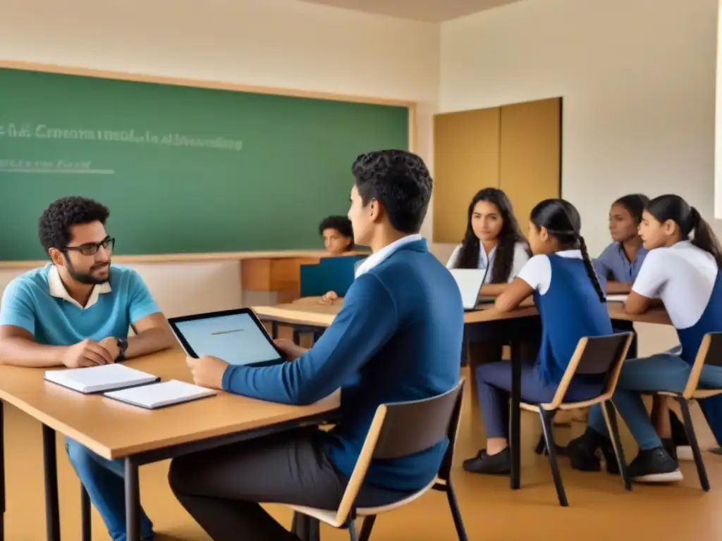 Aula híbrida en Uruguay: diversidad y tecnología en educación Estudiantes diversos colaboran en aula híbrida, combinando tradición y tecnología