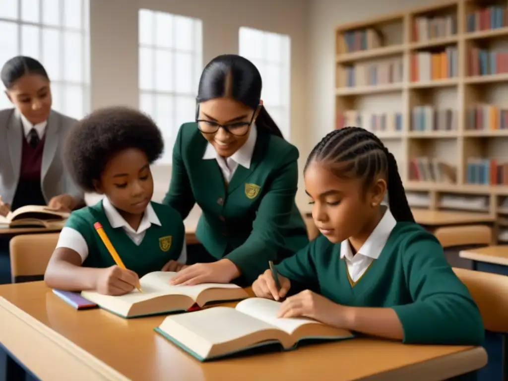 Colaboración inclusiva: estudiantes diversos trabajando juntos Estudiantes diversos colaboran armoniosamente en un aula, destacando la importancia de la inclusión educativa en Uruguay