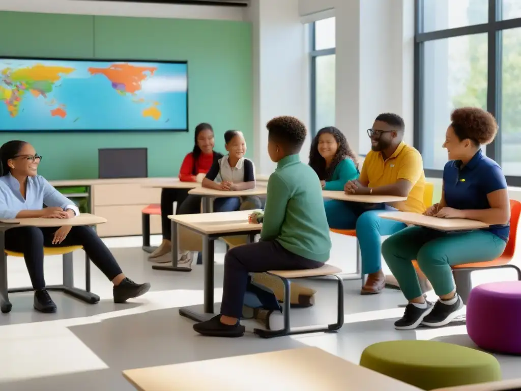 Estudiantes diversos colaboran en aula inclusiva en Uruguay, demostrando beneficios de financiamiento educación inclusiva