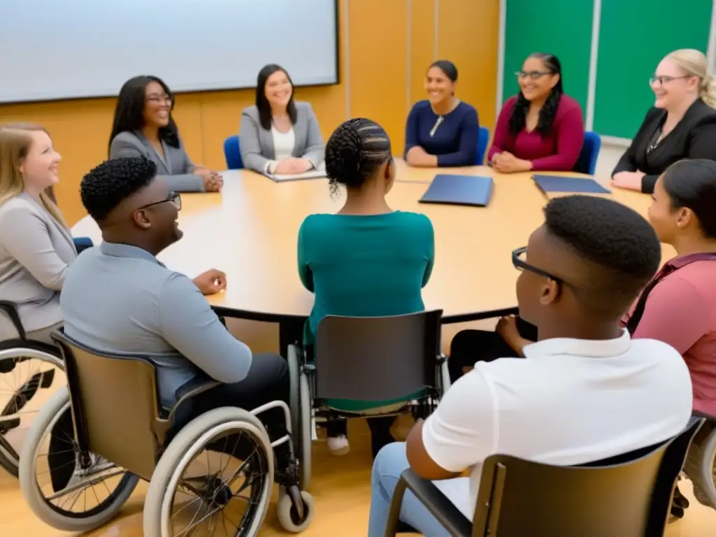 Estudiantes diversos discutiendo en aula inclusiva