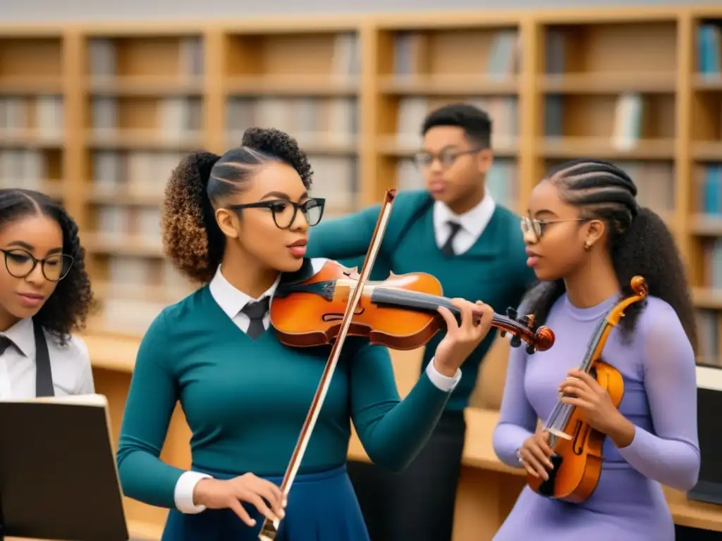Estudiantes aprendiendo música en aula con instrumentos, libros y notas coloridas